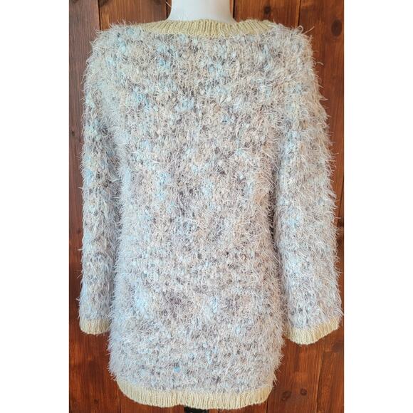 Lauren Michelle Women L Blue Green Fuzzy Pom Pom Sweater Knit Shimmer Lurex Cozy - Picture 7 of 10